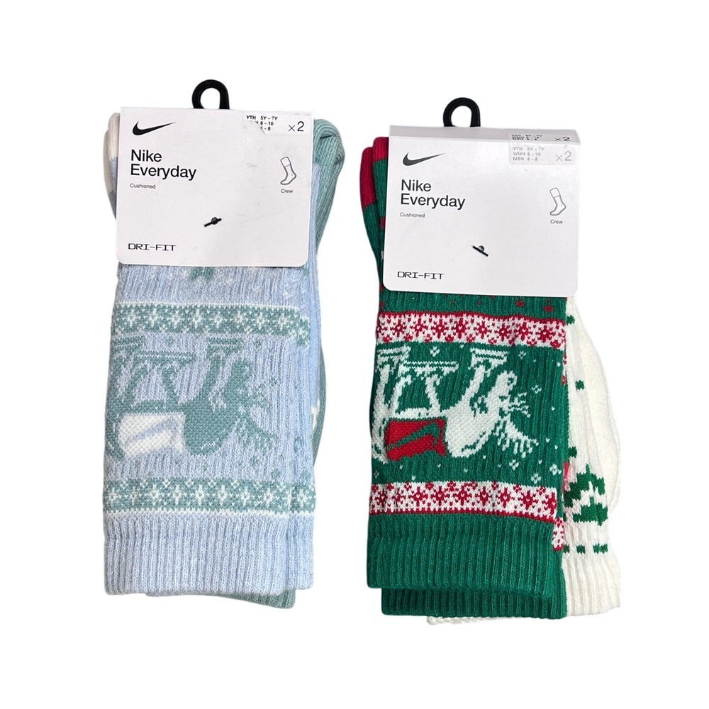 Nike‎ Everyday Cushioned Crew Socks 4 Pair Holiday Moose Fair Isle green blue